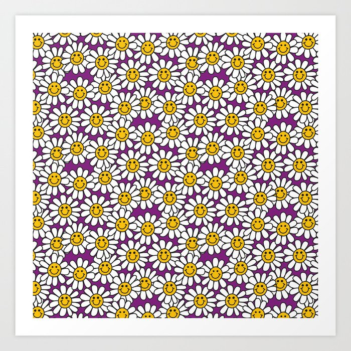 Purple Smiley Daisy Flower Pattern Art Print