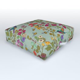 Hummingbirds and Bees {Duck Egg} Outdoor Floor Cushion | Victorian, Bees, Drawing, Pollinators, Pollination, Colorful, Traditional, Garden, Hummingbirds, Liberty 