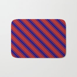 [ Thumbnail: Red and Blue Colored Lined/Striped Pattern Bath Mat ]