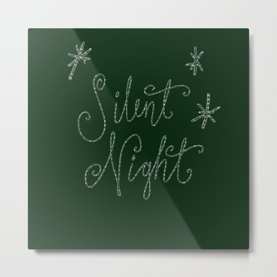 Merry Christmas- Silent Night- Typography and stars on festive green Metal Print