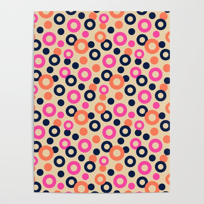 DROPS POLKA DOTS PATTERN in ORANGE, PINK AND DARK BLUE ON SAND Poster