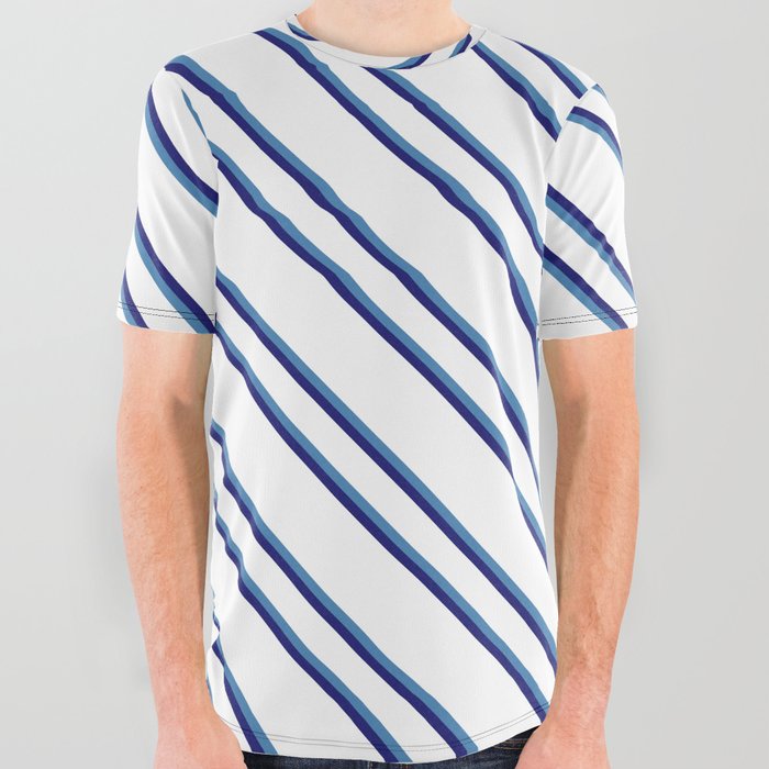 White, Blue & Midnight Blue Colored Striped Pattern All Over Graphic Tee