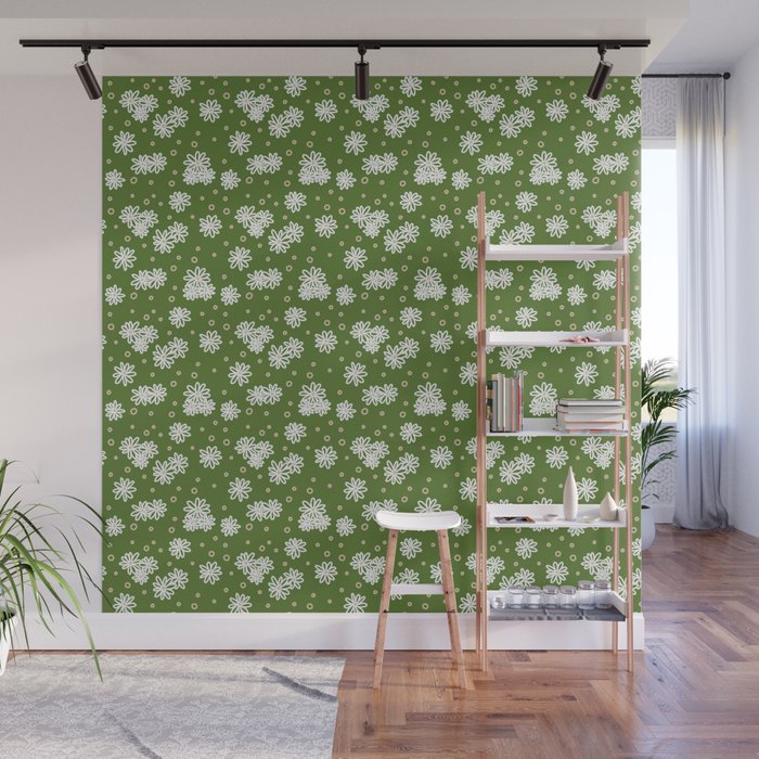 Daisies and Dots - White, Sand and Palm Green Wall Mural