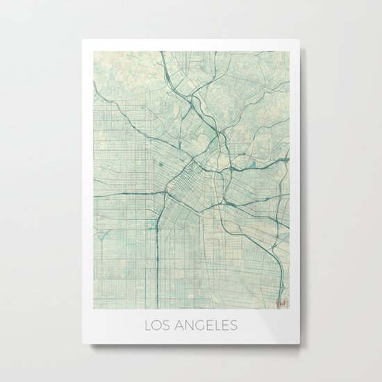 Los Angeles Map Blue Vintage Metal Print