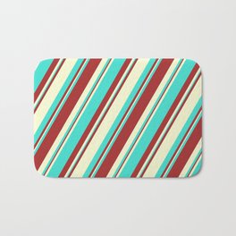 [ Thumbnail: Brown, Light Yellow, and Turquoise Colored Lined Pattern Bath Mat ]