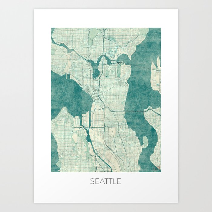 Seattle Map Blue Vintage Art Print