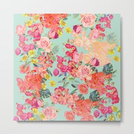 Antique Floral Print in Coral and Mint Tones Metal Print | Digital, Vintage, Nature, Graphicdesign, Pattern 