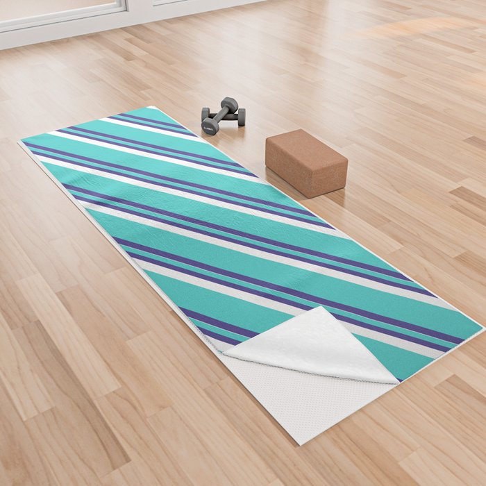 Turquoise, Dark Slate Blue & White Colored Striped Pattern Yoga Towel