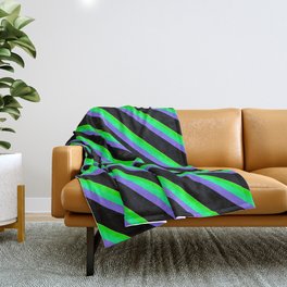 [ Thumbnail: Eye-catching Tan, Lime, Green, Medium Slate Blue & Black Colored Striped/Lined Pattern Throw Blanket ]