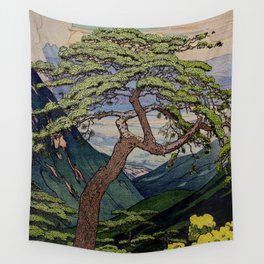 The Downwards Climbing - Summer Tree & Mountain Ukiyoe Nature Landscape in Green Wall Tapestry