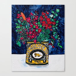 Wild Flowers in Golden Syrup Tin on Blue Canvas Print