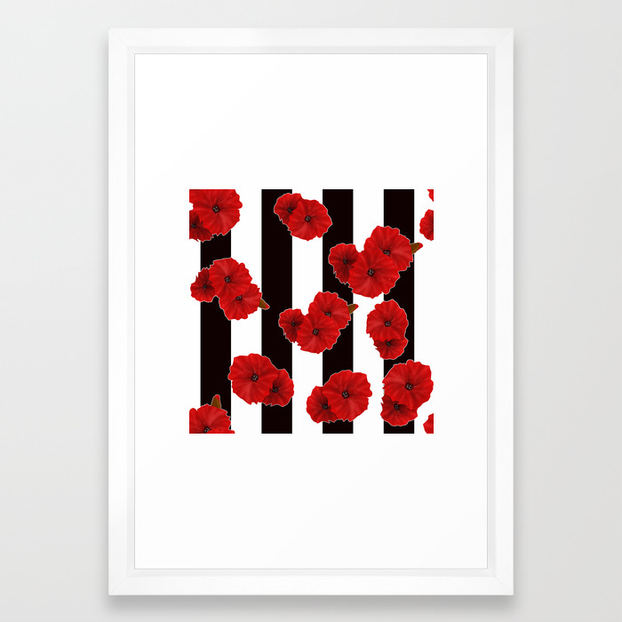Red Poppies On A Black And White Striped Background Framed Art