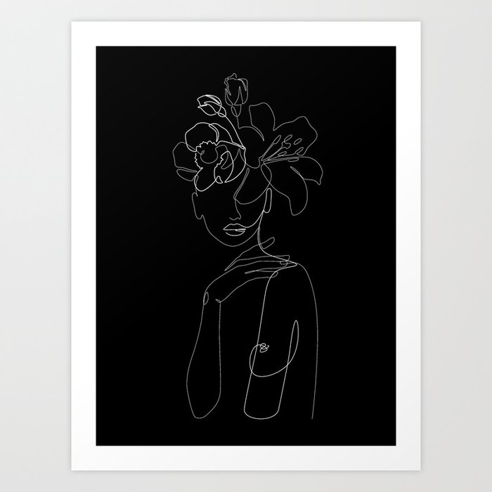 Blooming Beauty in black / Girl face line drawing with flowers on head / Explicit Design  Art Print