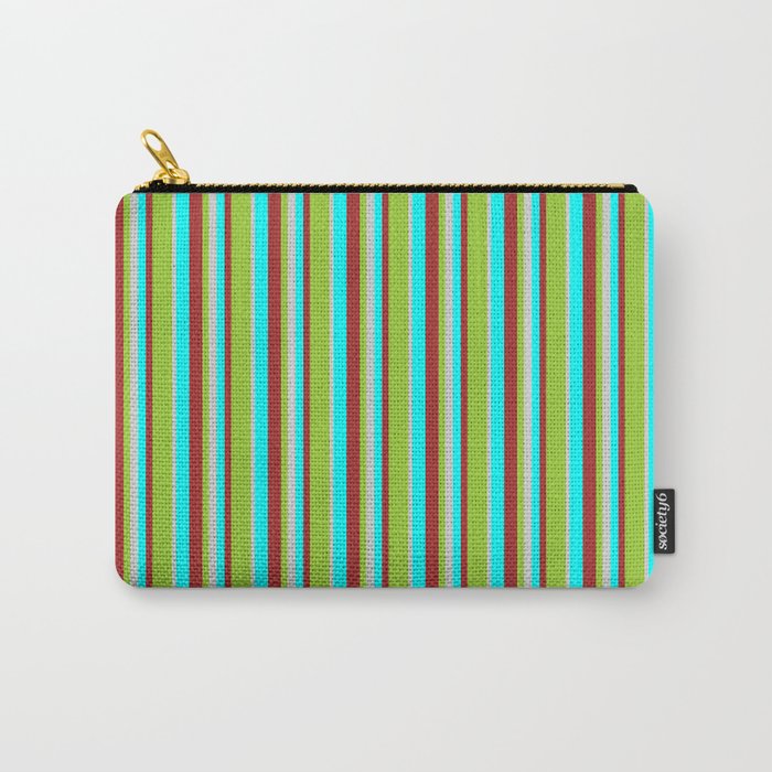 Aqua, Brown, Green & Light Grey Colored Striped Pattern Carry-All Pouch