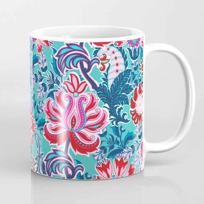 Bohemian Floral Paisley in Turquoise, Red and Pink Coffee Mug