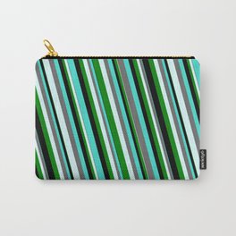 [ Thumbnail: Eyecatching Turquoise, Dim Grey, Light Cyan, Green & Black Colored Striped Pattern Carry-All Pouch ]