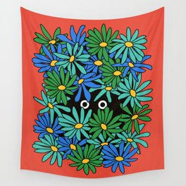 Shy Wallflower - retro botanical, anxiety, awkward, red, blue, green, flowers, daisies, 60s, 7 Wall Tapestry