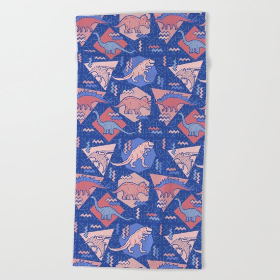 Nineties Dinosaurs Pattern - Rose Quartz and Serenity version Beach Towel