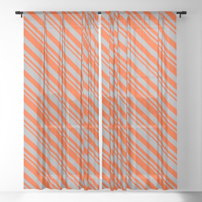 Red & Dark Grey Colored Striped/Lined Pattern Sheer Curtain