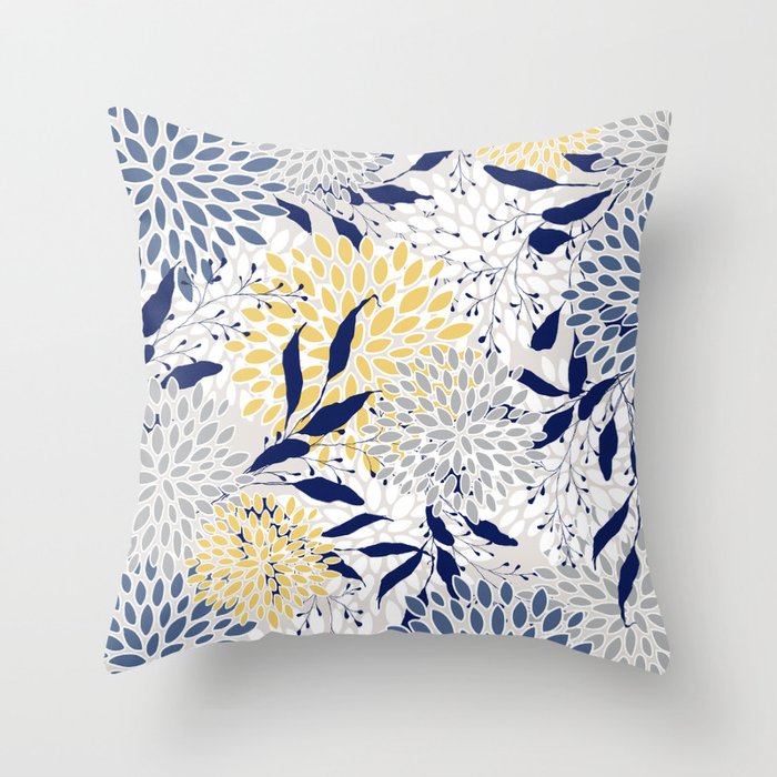 Floral Leaves and Blooms, Navy, Yellow, Gray Throw Pillow
