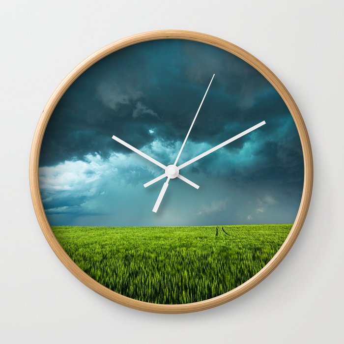 April Showers - Thunderstorm Over Lush Green Wheat Field on Spring Day in Kansas Wall Clock