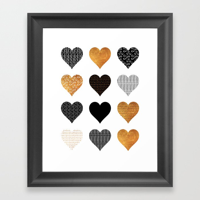 Gold, black, white hearts Framed Art Print