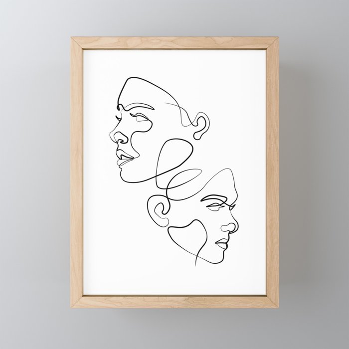 TWO WOMAN FACES IN DIFFERENT DIRECTIONS ONE LINE ART DESIGN Framed Mini Art Print