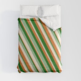 [ Thumbnail: Chocolate, Dark Green, Dark Sea Green & Beige Colored Lines Pattern Comforter ]