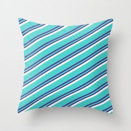 [ Thumbnail: Turquoise, Dark Slate Blue & White Colored Striped Pattern Throw Pillow ]