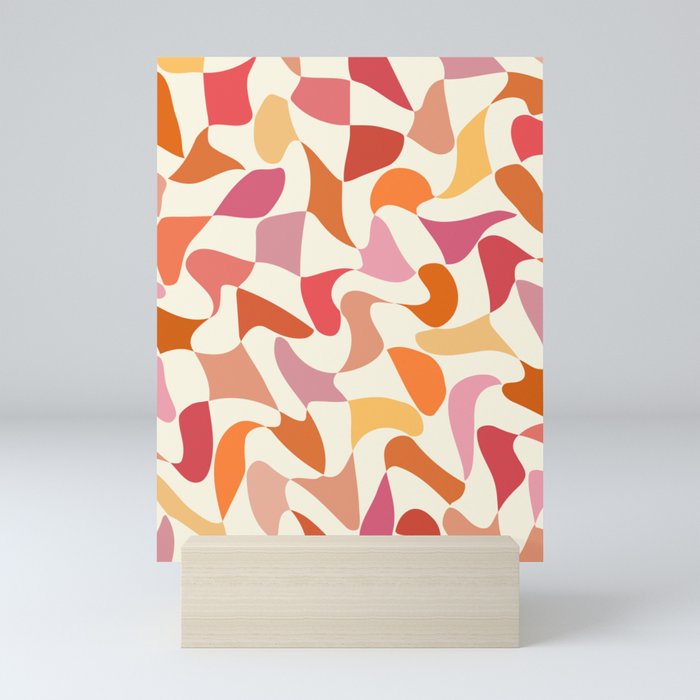 Abstract Wavy Checkerboard in Orange, Pink & Yellow Mini Art Print