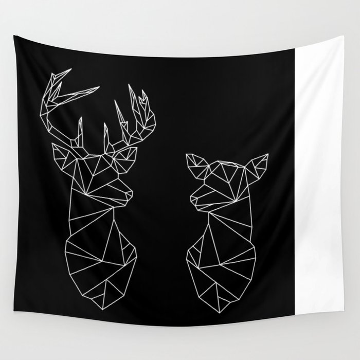 Geometric Stag and Doe (White on Black) Wall Tapestry