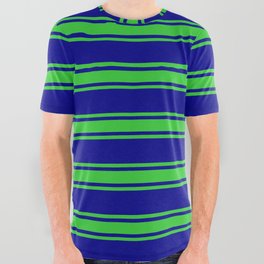 [ Thumbnail: Dark Blue and Lime Green Colored Stripes/Lines Pattern All Over Graphic Tee ]
