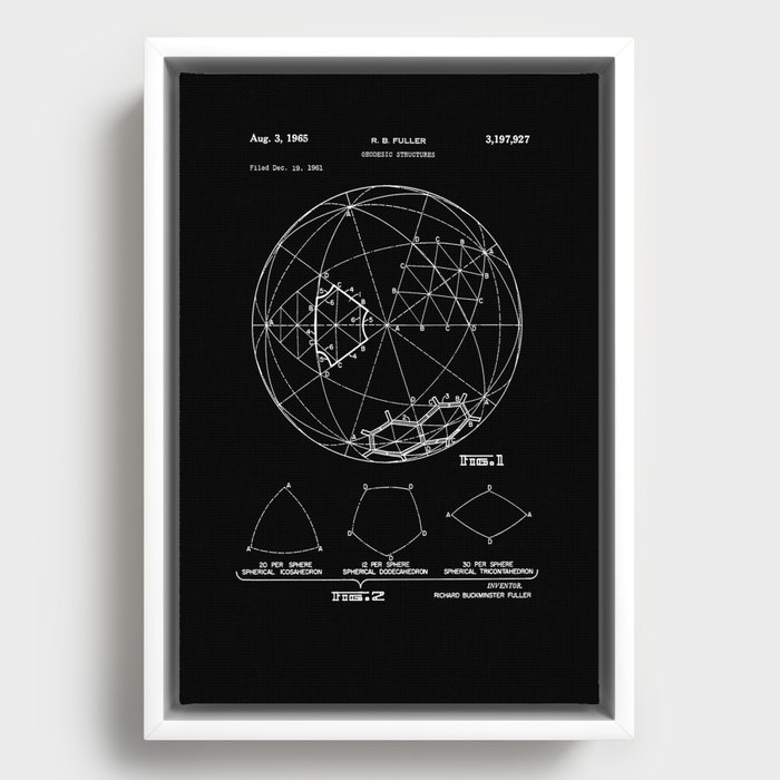 Buckminster Fuller 1961 Geodesic Structures Patent - White on Black Framed Canvas