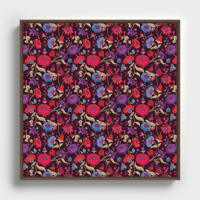 Purple Red Blue Floral Sprig Summer Pattern Framed Canvas