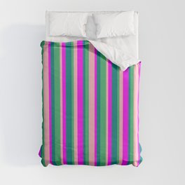 [ Thumbnail: Sea Green, Teal, Fuchsia & Light Pink Colored Striped Pattern Duvet Cover ]