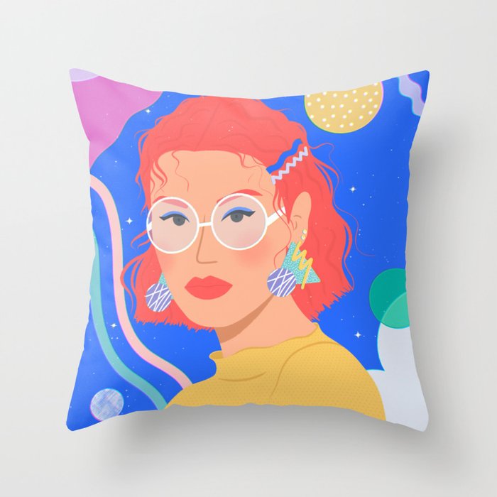 Red haired Girl Portrait with Bold Blue Background Throw Pillow