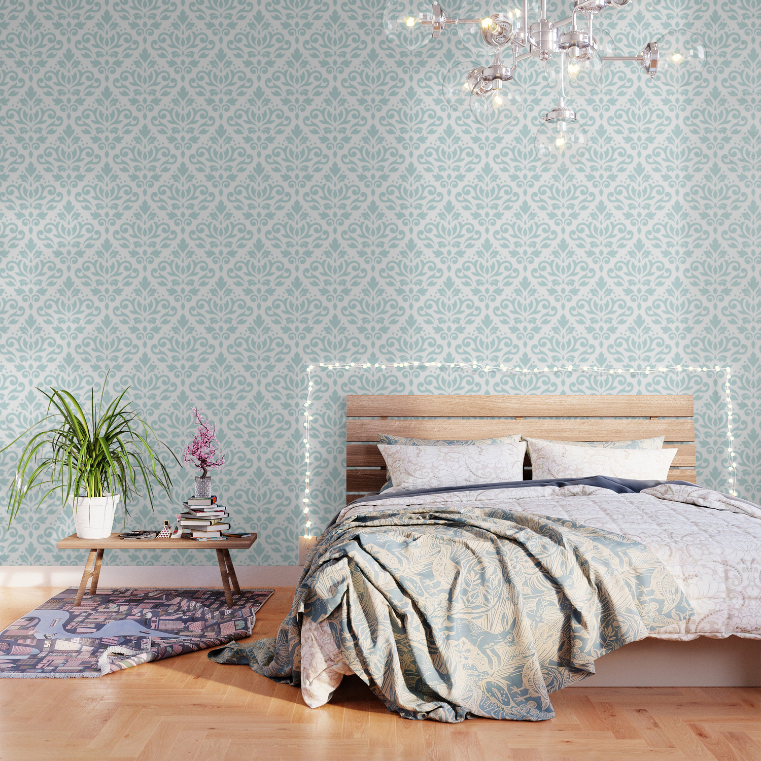 Scroll Damask Lg Pattern Duck Egg Blue On White Wallpaper