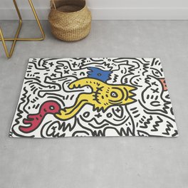 Hand Drawn Graffiti Art With Monsters in Black and White and Color Rug