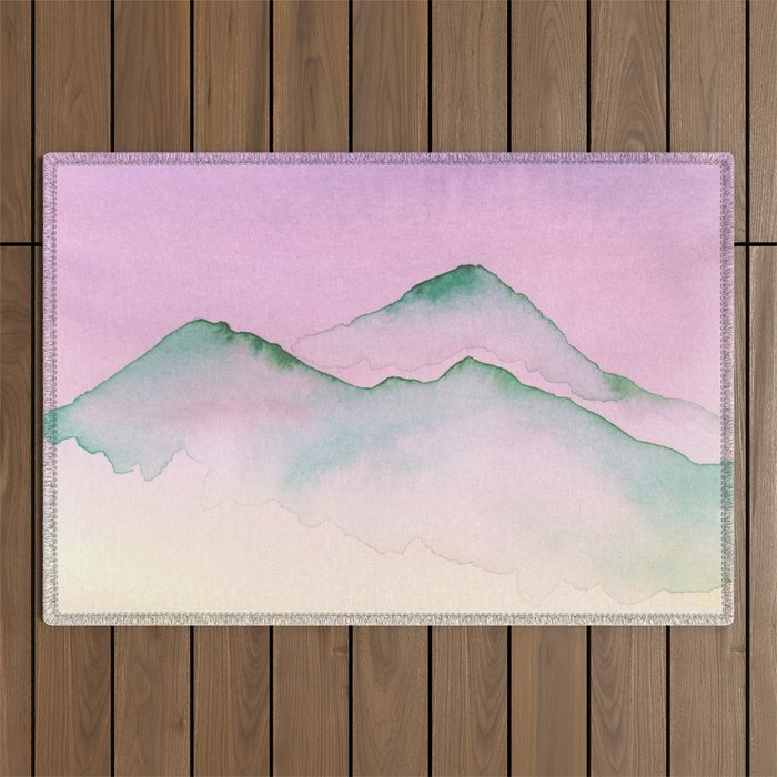 Green Top Mountain Range With Pink Sky Outdoor Rug