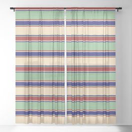 [ Thumbnail: Tan, Midnight Blue, Dark Sea Green & Brown Colored Striped/Lined Pattern Sheer Curtain ]