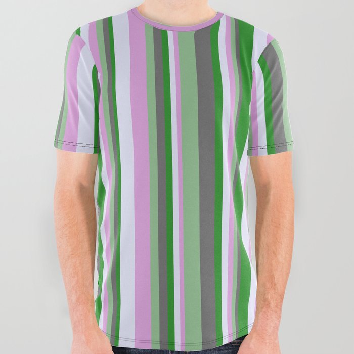 Vibrant Forest Green, Dim Grey, Dark Sea Green, Plum, and Lavender Colored Lined/Striped Pattern All Over Graphic Tee