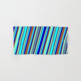 [ Thumbnail: Colorful Aquamarine, Slate Gray, Cyan, Blue & Sienna Colored Striped/Lined Pattern Hand & Bath Towel ]