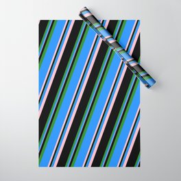 [ Thumbnail: Blue, Pink, Black, and Forest Green Colored Striped Pattern Wrapping Paper ]