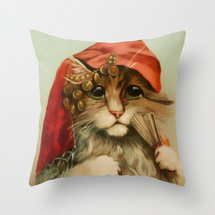 “Gypsy Cat with Fan and Scarf” by Maurice Boulanger Throw Pillow