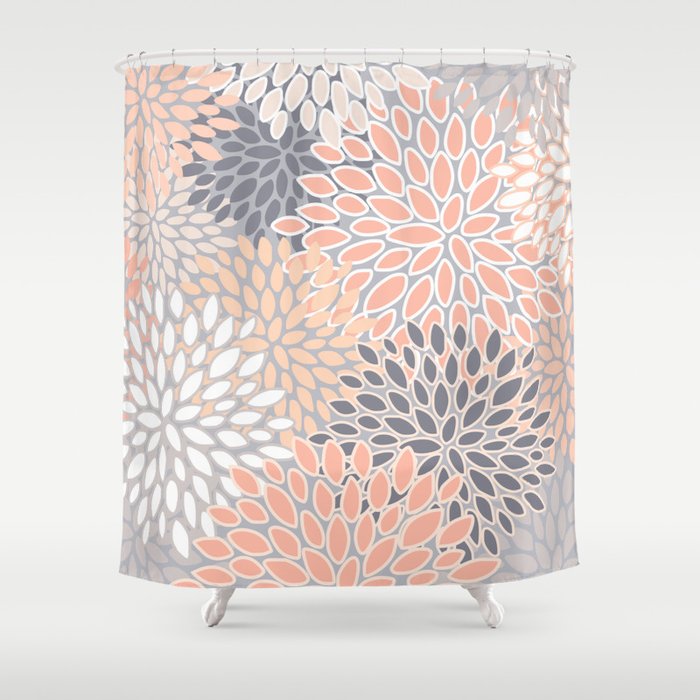 Flowers Abstract Print, Coral, Peach, Gray Shower Curtain