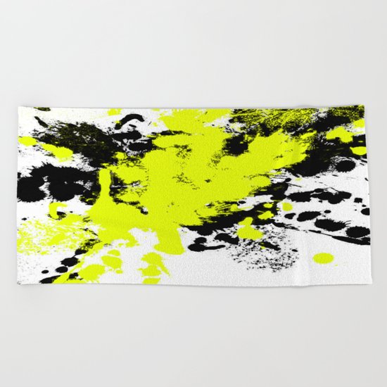 Surprise! Black and yellow abstract paint splat artwork Beach Towel