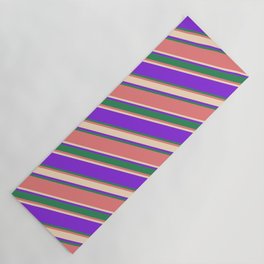 [ Thumbnail: Purple, Sea Green, Light Coral, and Bisque Colored Lined/Striped Pattern Yoga Mat ]
