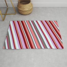 [ Thumbnail: Colorful Dim Gray, Light Coral, Maroon, Plum, and Light Cyan Colored Stripes/Lines Pattern Rug ]