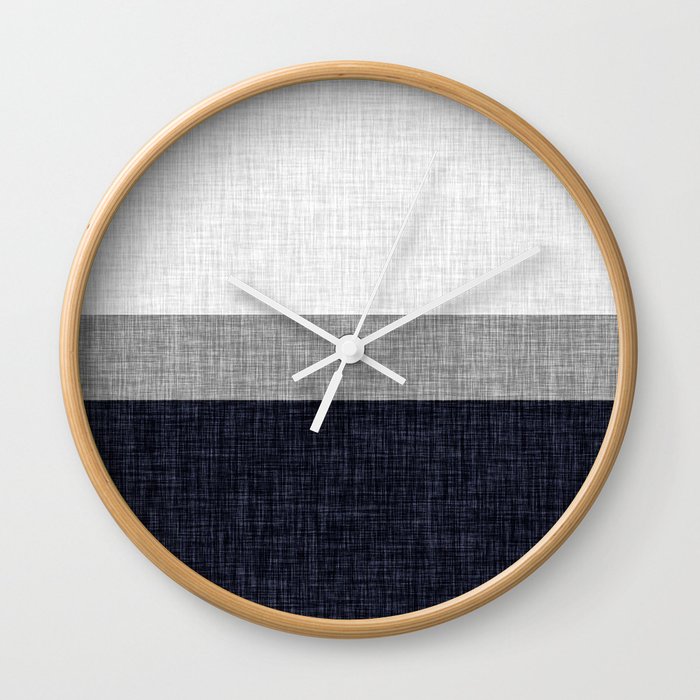 Navy Blue and Grey Simple Stripe with Crosshatch Burlap Print Pattern Wall Clock