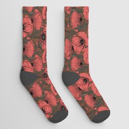Poppy garden in coral and brown Socks